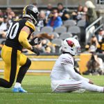 Dec 3, 2023; Pittsburgh, Pennsylvania, USA; Pittsburgh Steelers linebacker T.J. Watt (90) celebrates a tackle of Arizona Cardinals quarterback Kyler Murray (1) during the second quarter at Acrisure Stadium. Mandatory Credit: Philip G. Pavely-USA TODAY Sports