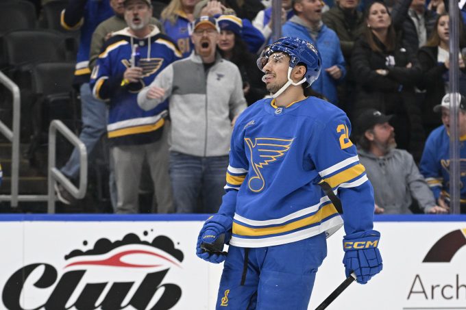 Jan 16, 2026; St. Louis, Missouri, USA; St. Louis Blues right wing Jordan Kyrou (25) looks on during overtime against the Tampa Bay Lightning at Enterprise Center. Mandatory Credit: Jeff Le-Imagn Images