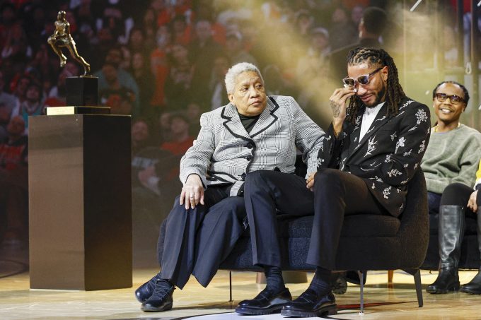 Jan 24, 2026; Chicago, Illinois, USA; Derrick Rose cries during his jersey retirement ceremony after an NBA game between the Chicago Bulls and Boston Celtics at United Center. Mandatory Credit: Kamil Krzaczynski-Imagn Images
