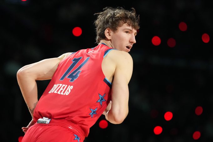 Feb 13, 2026; Inglewood, California, USA; Team Vince frontcourt Matas Buzelis (14) of the Chicago Bulls reacts during an NBA All Star Rising Stars championship game at Intuit Dome. Mandatory Credit: Kirby Lee-Imagn Images